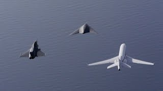 Neuron UCAV flying in formation with Rafale, Falcon 7X