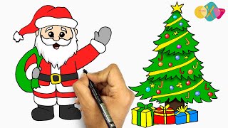 رسم سهل جدا للمبتدئين | تعلم رسم بابا نويل و تعليم طريقة رسم شجرة الكريسماس | تعليم الرسم