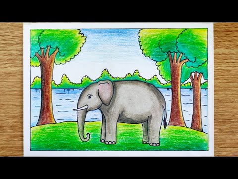 Elephant Drawing | Elephant scenery drawing | How to draw an Elephant in forest | Elephant scenery