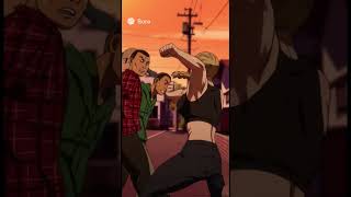 A strong anime girl  with six pack abs saves a little boy from being bullied in her neighborhood