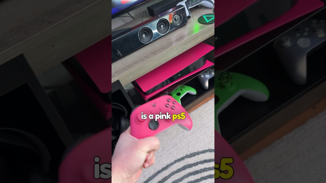 Pink PlayStation 5 with a pink Xbox controller 