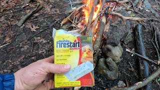 Duraflame Firestart cubes. Fire In The Rain. No Tarp or  wood prep tools.