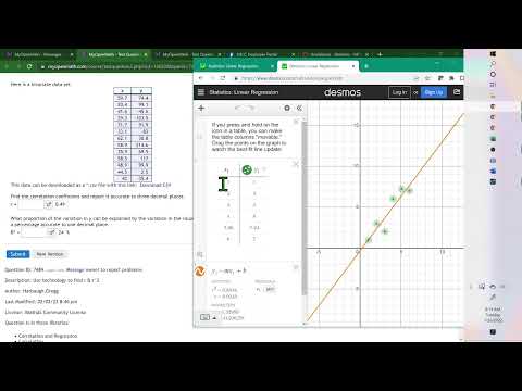 MTH128 Chapter 12 finding r and r squared given data using Desmos