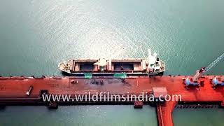 Gopalpur Port in Orissa: Aerial view off the coast of the Bay of Bengal, with ships berthed at port