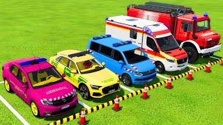 AUDI, DACIA, VOLKSWAGEN POLICE CARS & MERCEDES AMBULANCE & FIRE DEPARTMENT TRANSPORTING ! FS22