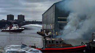 **RARE** FDNY FIREBOATS Battle AllHands Barge Fire at NYC Dept. of Sanitation Pier [ MAN Box 931 ]