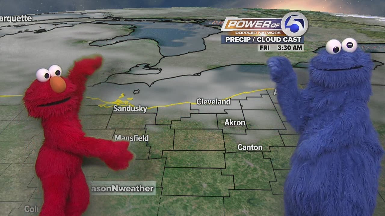 Elmo and Cookie Monster do the weather with Power of 5 meteorologist