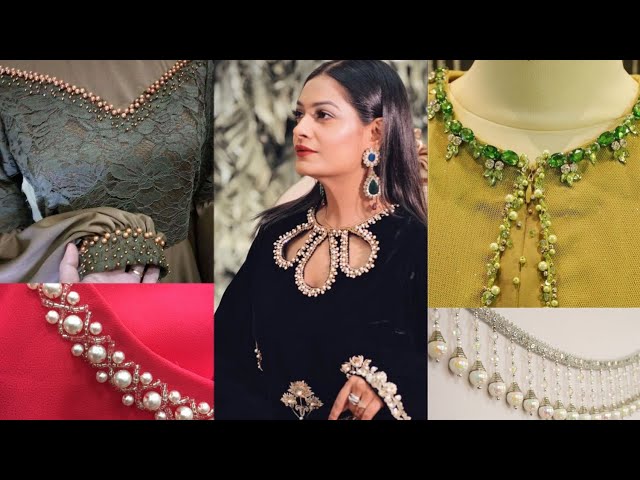 New Latest Boat Neck Designs For Kurti | Golden Pearl Beaded Neck Designs  for Kurti Kameez & Suits - YouTube