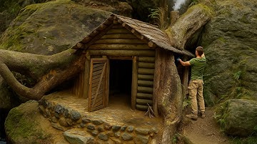 Building a Warm Bushcraft Shelter Under a Fallen Tree for Survival | Secret Cabin, Catch & Cook