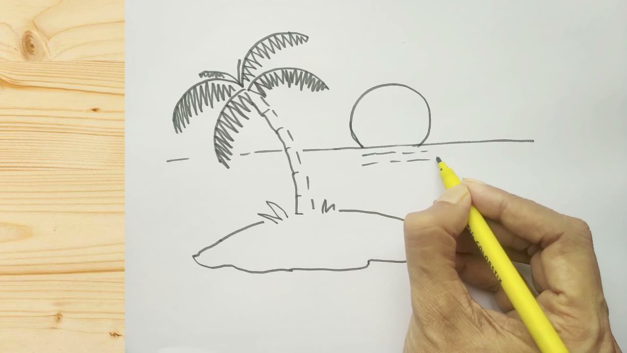 Black And White Of Drawing Illustration Cartoon An Island In The Sea With  Sun Birds Mountains Trees It Can Be Used As An Icon Or As Teaching Material  For Teachers Or Parents