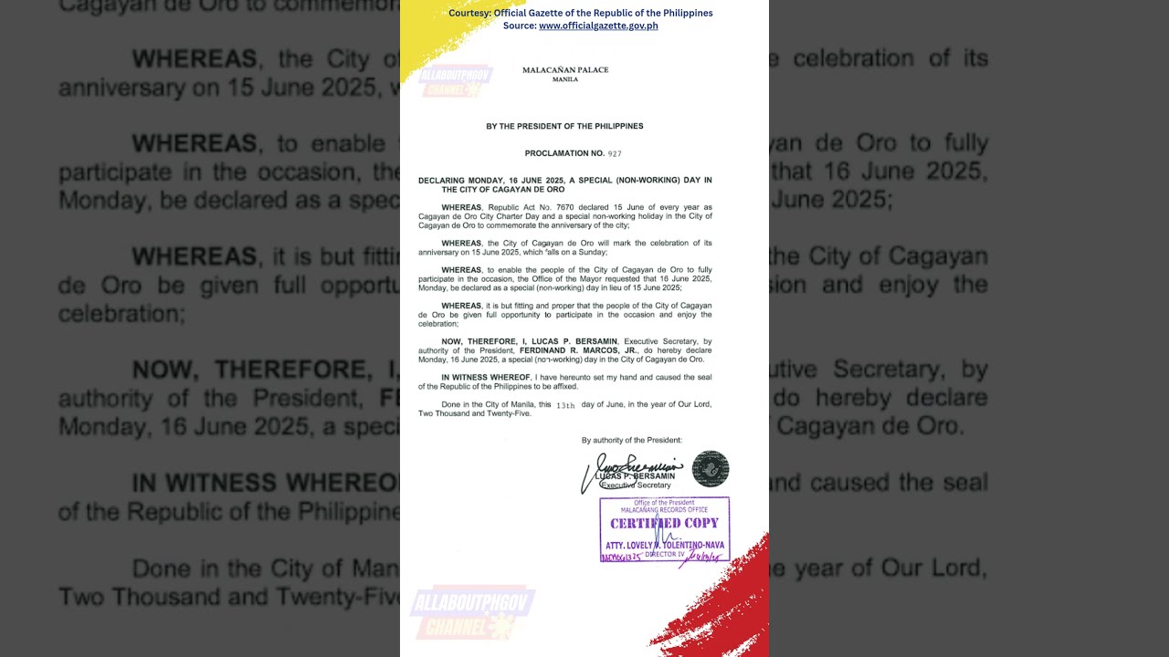 Proclamation No 927 S 2025 SPECIAL NON WORKING DAY IN THE CITY OF CAGAYAN DE ORO Update