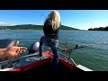 Ninety Pound Blonde  women wrestles Huge Catfish on rod and reel