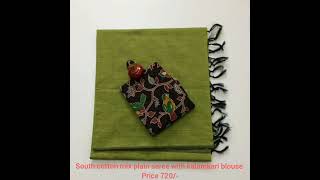 South Cotton Mix Plain Saree With Kalamkari Blouse