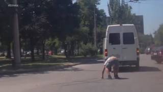 Russian Terminator tries to stop a bus Russian Terminator tries to stop a bus