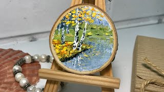 Fall birch’s tree wood painting original art by katbes Etsy shop tiny painting.