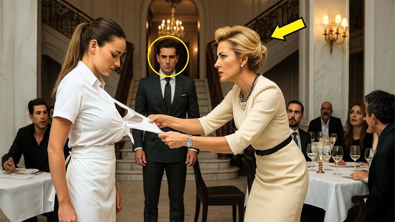 ARROGANTE LE ROMPIÓ EL VESTIDO CREYENDO QUE ERA SOLO UNA MESERA… PERO SU ESPOSO MILLONARIO MIRABA