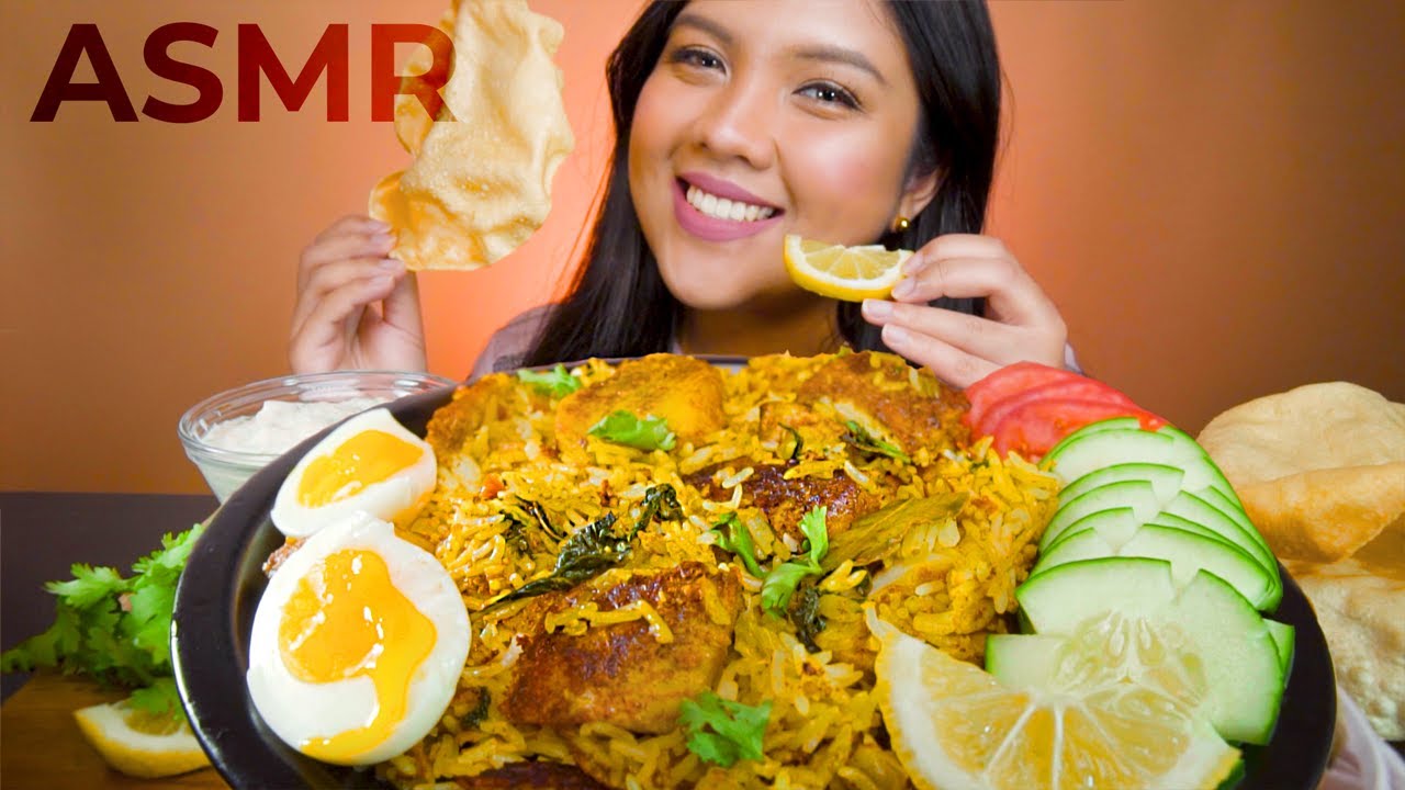 ASMR FISH BIRYANI + RAITA + EGG  + PAPAD MUKBANG 먹방 (some Whispering) Squishy, Crunchy Eating Sounds