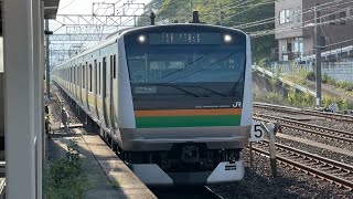 東海道線E233系3000番台E-66編成+E231系1000番台K-09編成 普通宇都宮行きが国府津駅5番線に警笛鳴らして入線するシーン