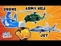 Jet vs drone vs army heli roblox jailbreak