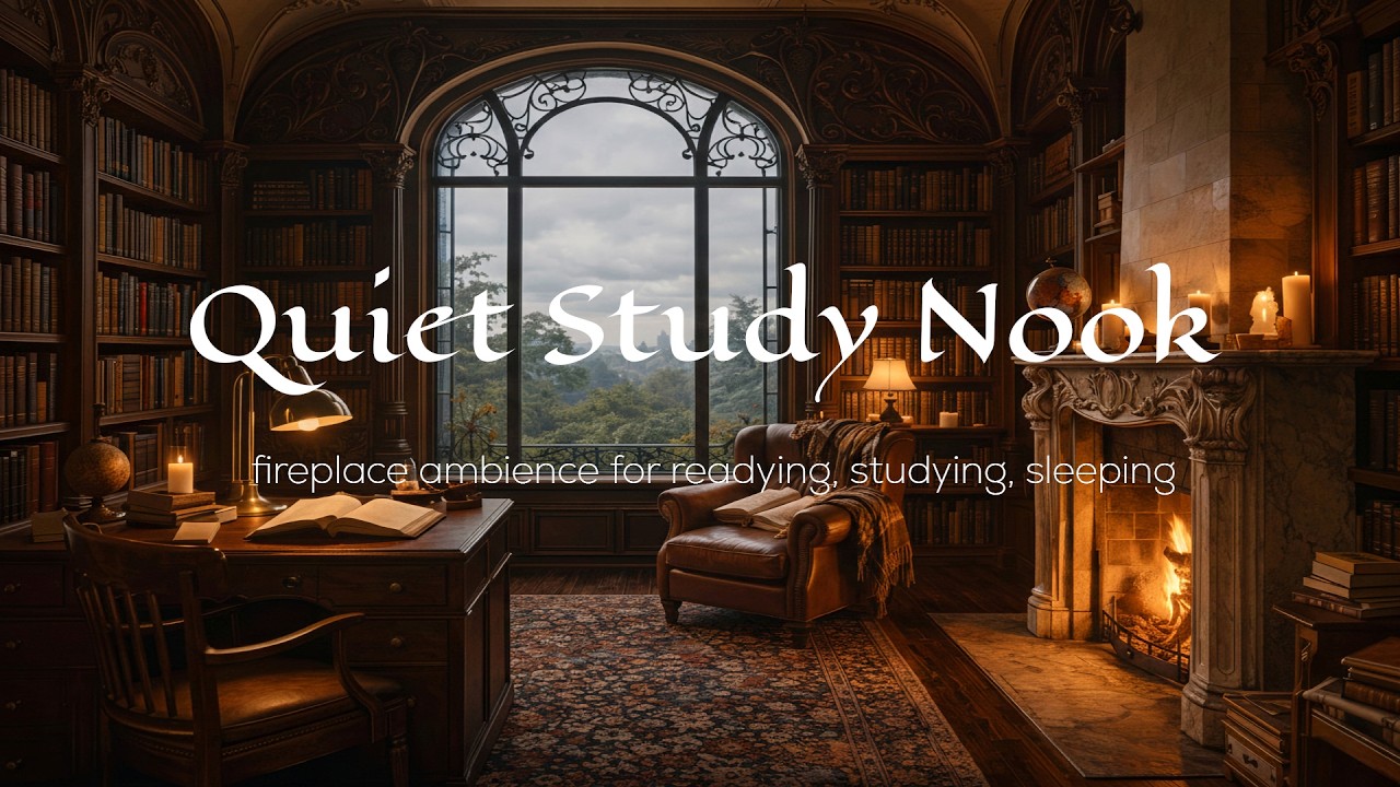 Quiet Study Nook - Crackling Fireplace Ambience for Focus and Relaxation | 1 Hour