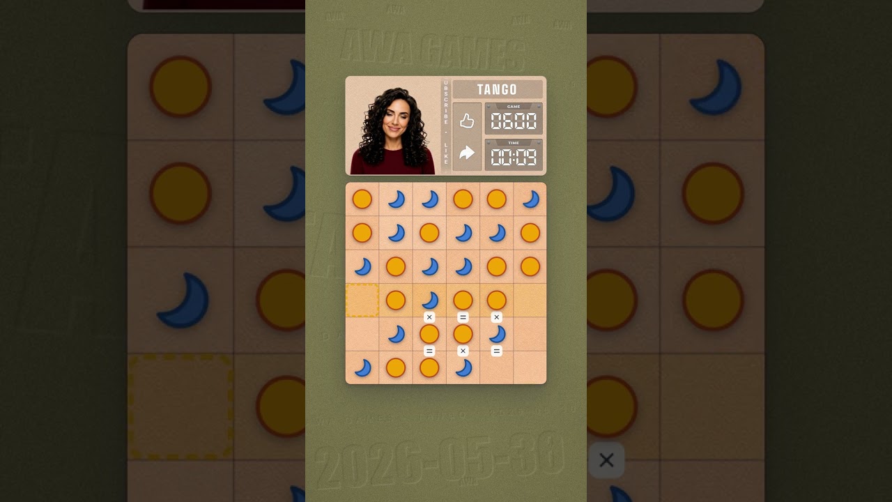 LinkedIn Tango #600 solved board for May 30, 2026, 6x6 grid