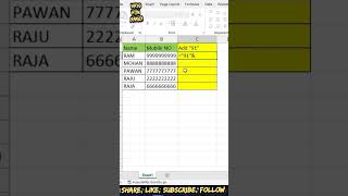 Add 91 Before The number in excel #excel #tricks #shortsvideo