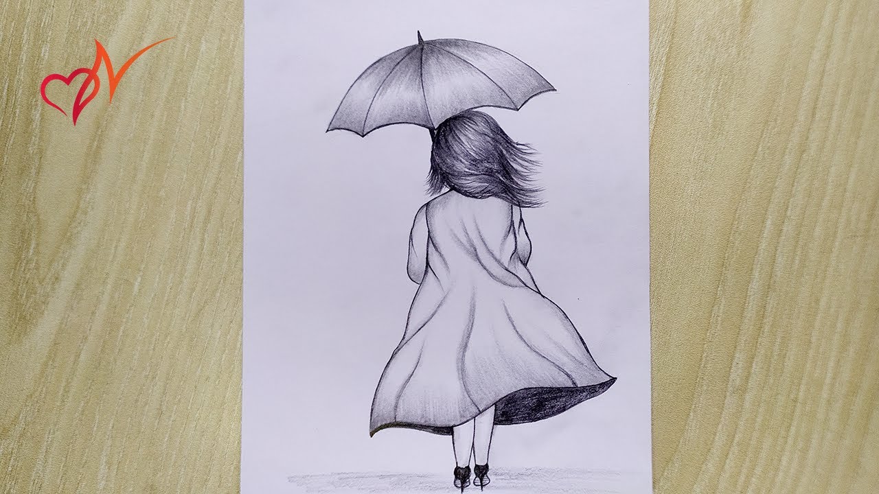 How to draw a girl walking with umbrella || Easy pencil sketch drawing ...