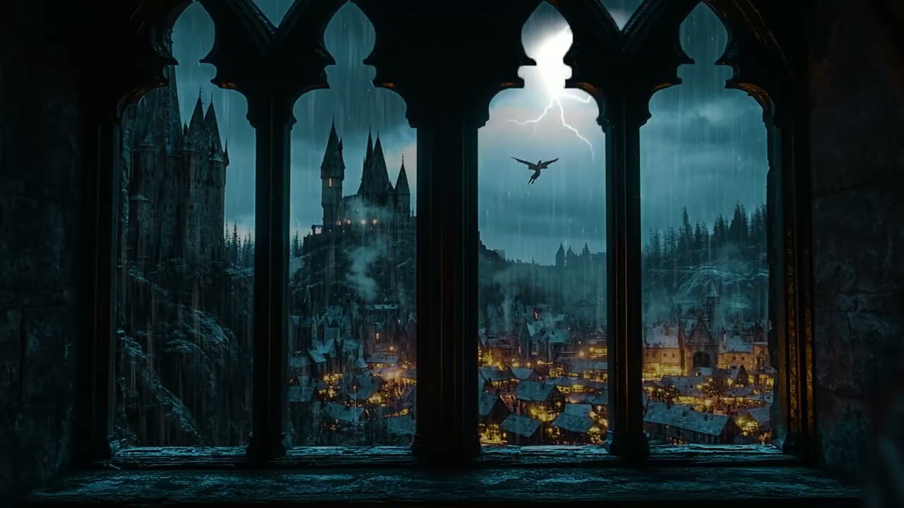 Dark Rain Falling at Hogwarts Castle Window, Night Ambience for Deep Sleep and Stress Relief