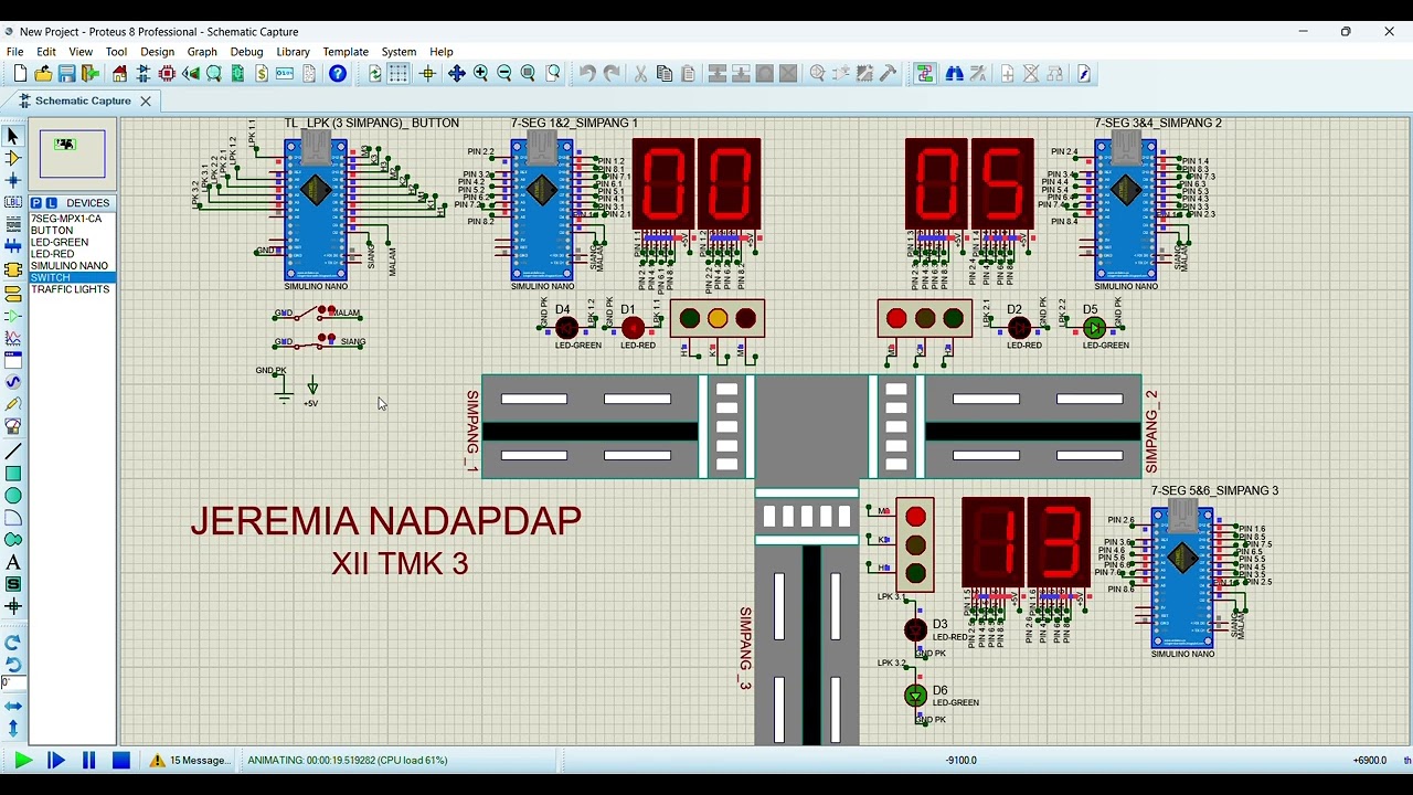 PROSES SIMULASI LAMPU LALU LINTAS, LAMPU PEJALAN KAKI , 7SEG-MPX1-CA (UNTUK MENGHITUNG WAKTU MUNDUR)