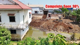 Ep2!Amazing Great Project Filling Land under back House Bulldozer Pour soil into Pond and Dump truck