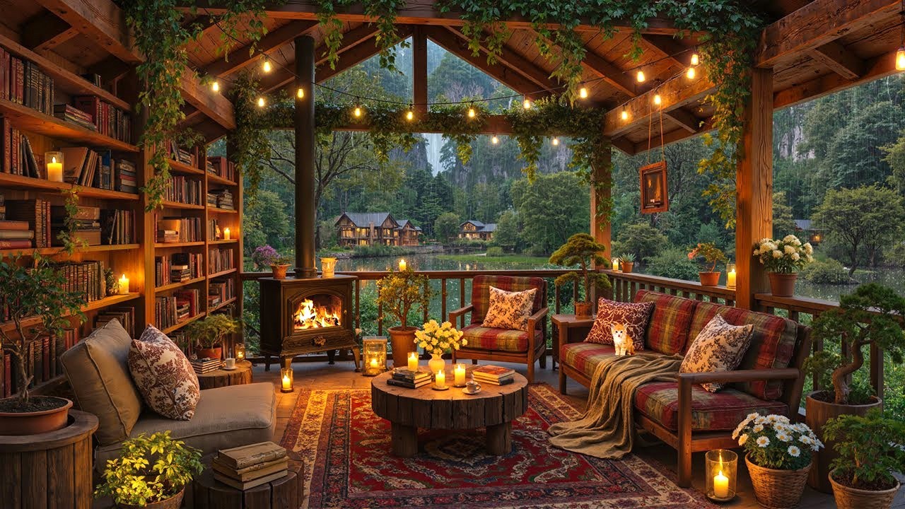 Cozy Spring Rain Porch Vibes | Soft Jazz Melody & Warmth Fireplace for Focused Work & Slow Sleep