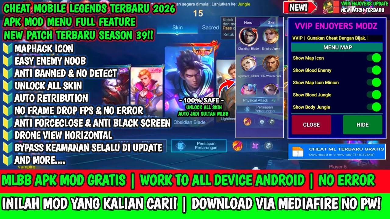 CHEAT ML TERBARU 2026 | MOD MENU APK UNLOCK ALL SKIN MLBB | VVIP ENJOYERS MOBILE LEGENDS