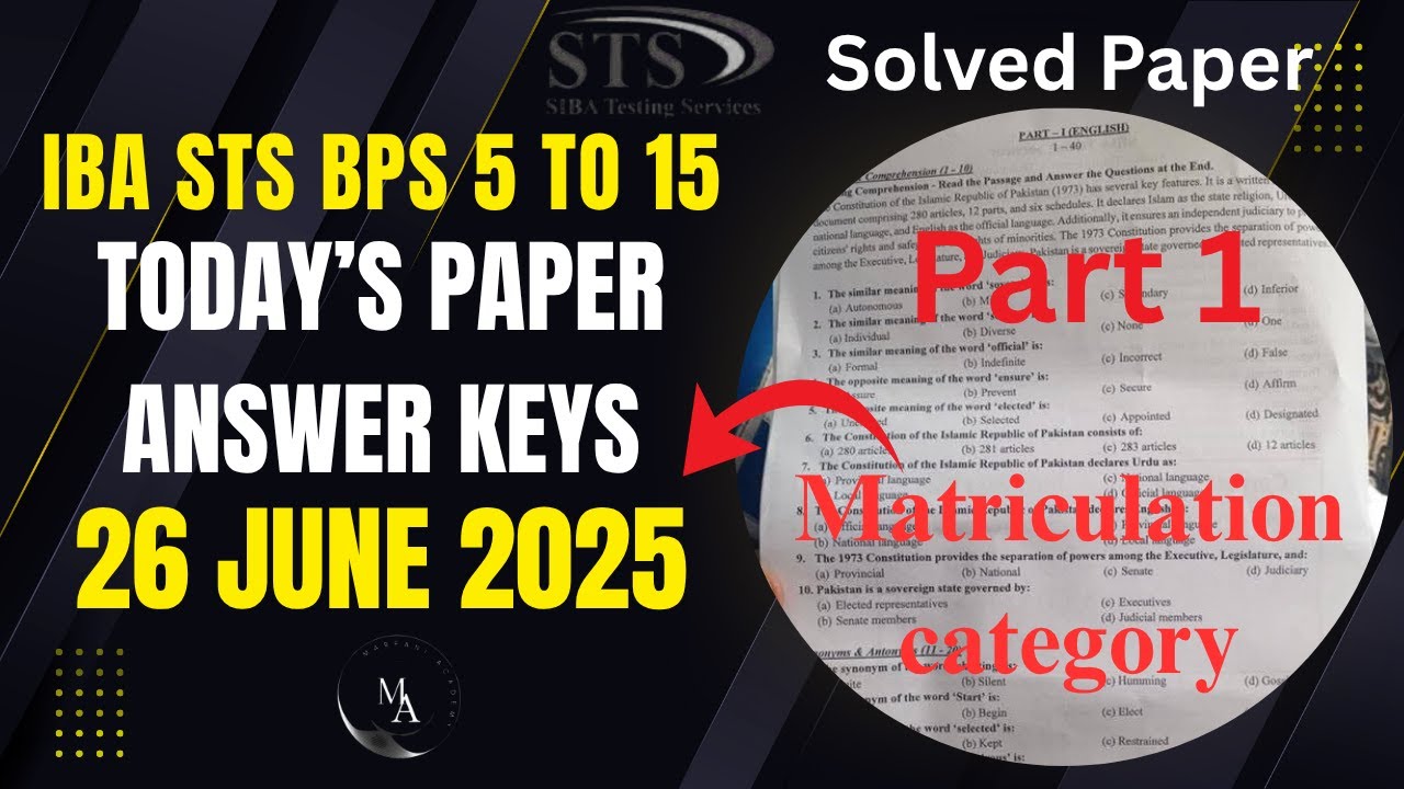 Today STS IBA Test | 26 June 2025 | Answer key | Matriculation Category | BPS 5 to 15 | Solved paper