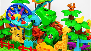 Satisfying Building Blocks Marble Run Surprise! Large dinosaur and spiral block coaster!