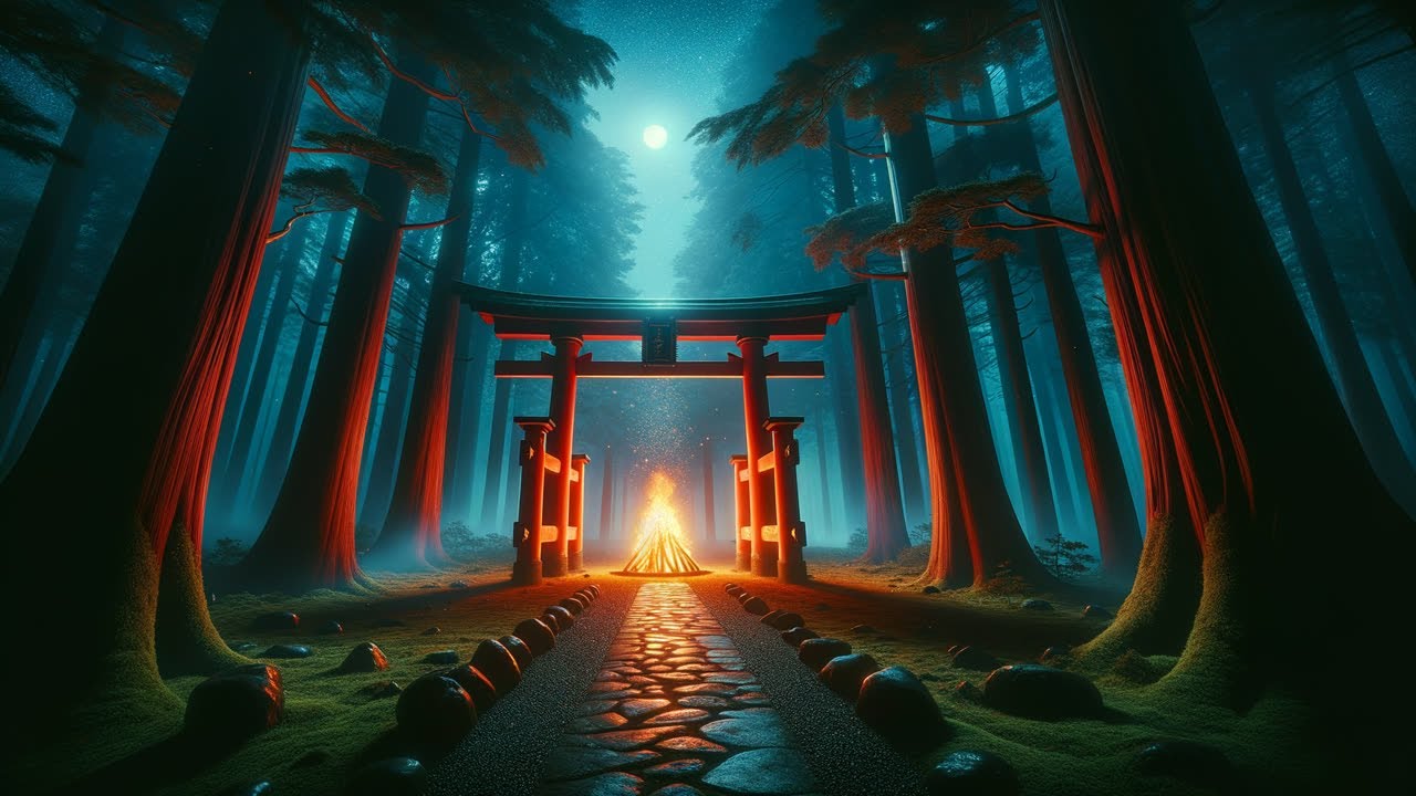 【2時間】【焚き火ASMR】深夜の神社・鳥居と焚き火｜3時間 睡眠用BGM｜日本の夜の静寂 | Midnight Shrine Bonfire ASMR | 3-Hour Sleep Ambience