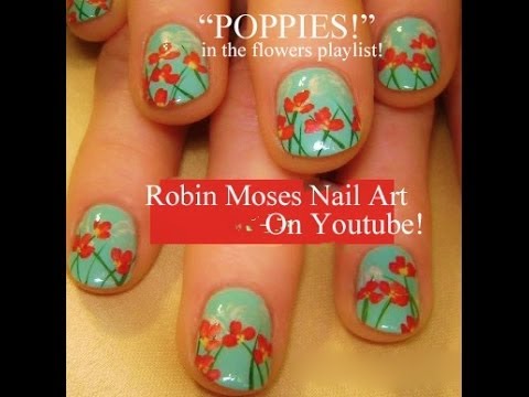 Poppy Nails! Red Poppies on Mint Polish Nal Art design Tutorial - YouTube