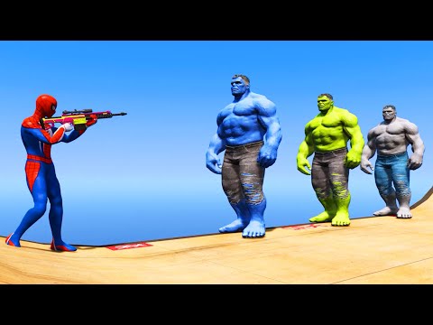 GTA 5 Water Ragdolls Spiderman vs Red Hulk vs Blue Hulk vs Green Hulk Jumps Fails (Funny Moments)