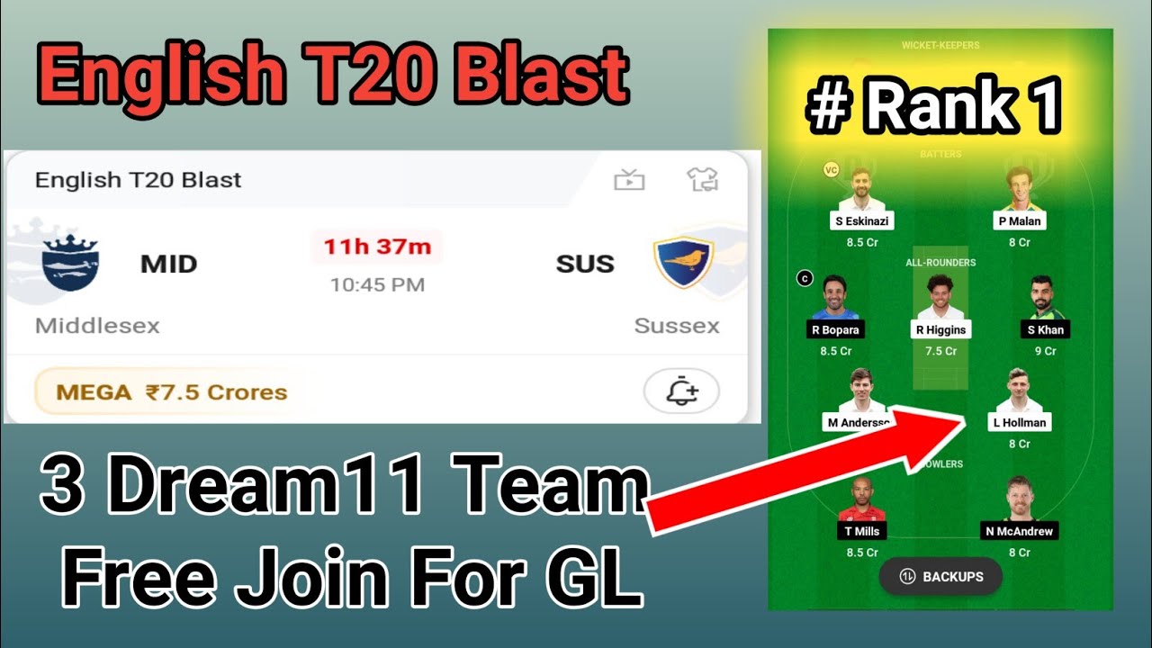 MID vs SUS Dream11 Prediction! MID vs SUS Dream11 Team! Mid vs Sus Dream Team! English T20 Blast
