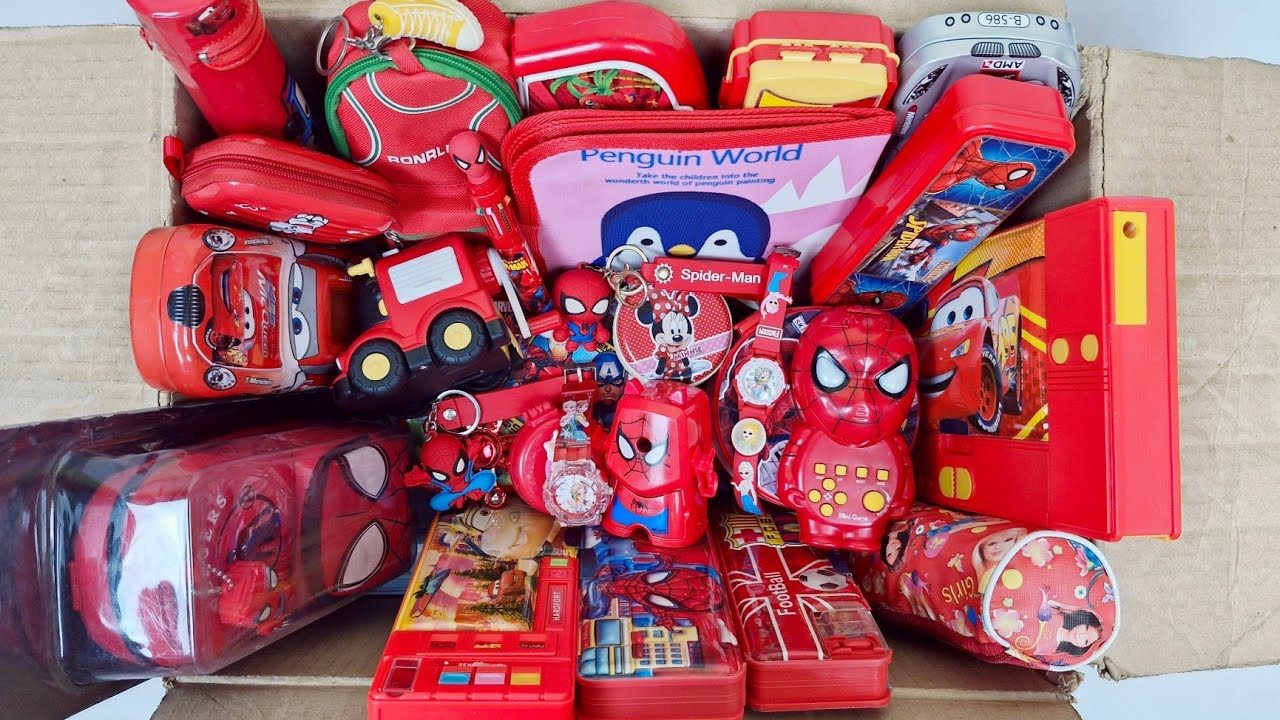 Best red school supplies - Spiderman lunch box, pencil case, sharpner, eraser, multicolour pen
