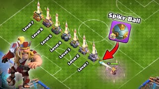 New Epic Equipment Spiky Ball vs Every Level Defense!  Clash of Clans