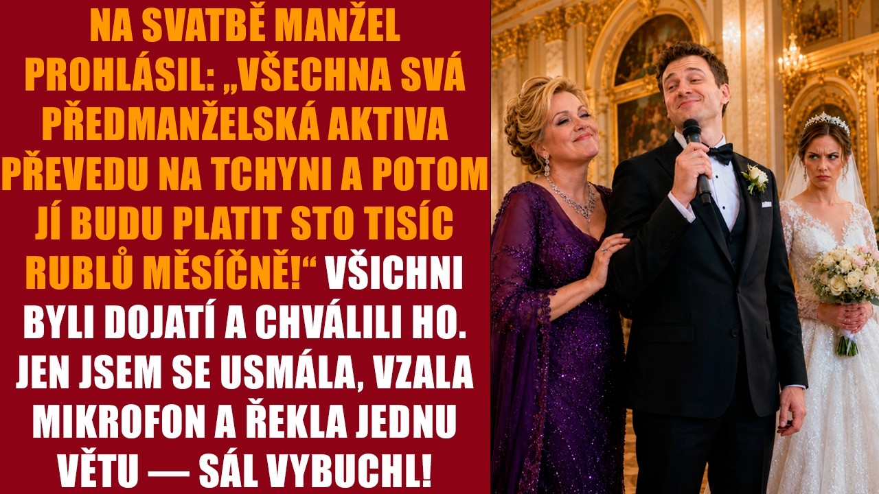 Sál ještě dozníval svatebním pochodem, když Dmitrij popadl mikrofon. Stála jsem vedle něj v bílých šatech, kytici pevně v ruce. „Než začne obřad, musím učinit důležité prohlášení.“ Hosté ztichli....