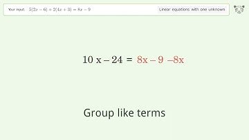Linear equation with one unknown: Solve 5(2x-6)+2(4x+3)=8x-9 step-by-step solution