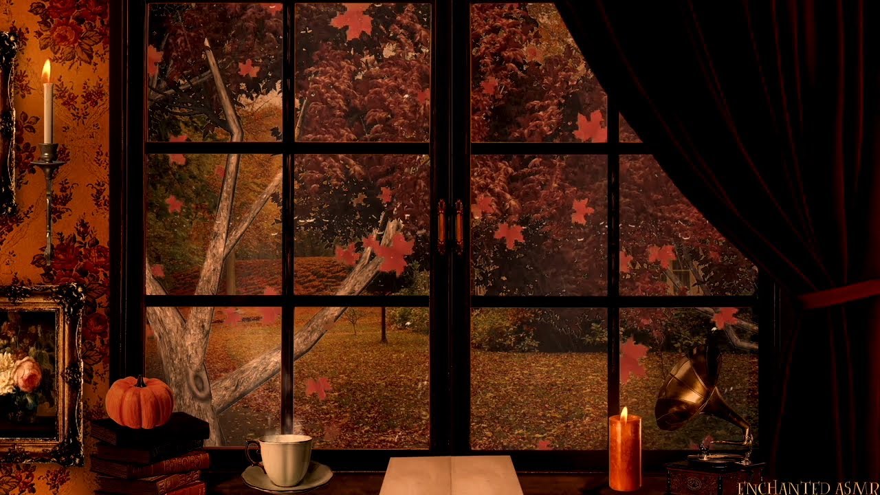 Vintage Cozy Autumn Window Ambience🍂🎃📚☕️Crackling Fire and Rain Sounds