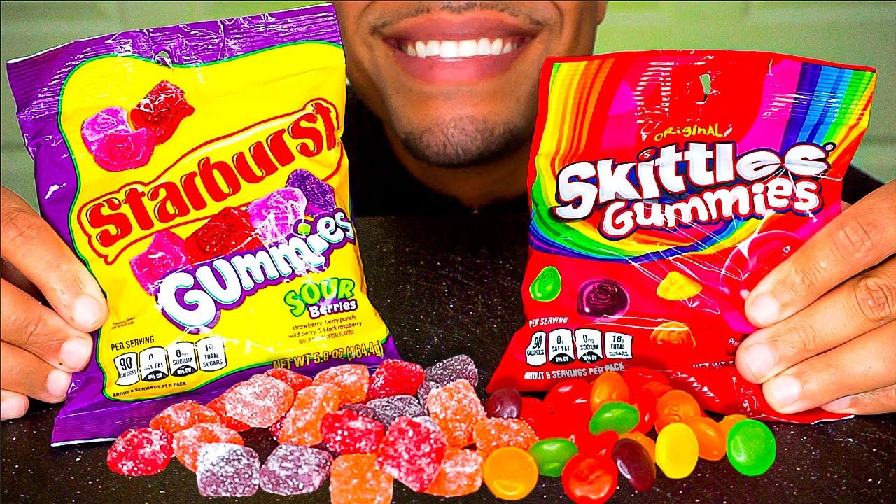 ASMR Starburst Skittles Gummies Original Sour Berries Candy Eating No ...