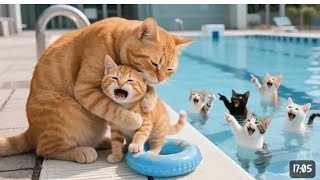 Poor Ginger Kitten Gets Teased for Not Knowing How to Swim, So Mama Cat Sends Her to Swim Class😿