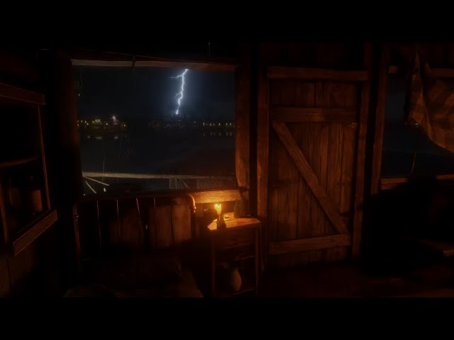 Watching a thunderstorm from a shack on the dock | Night Thunderstorm RDR2 ASMR class=