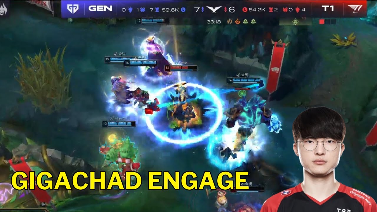 T1 Vs GenG: Faker Engages With 5-Man Stun. 😎