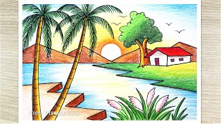 Beautiful Sunset Scenery Drawing with color pencil, Easy drawing for beginners