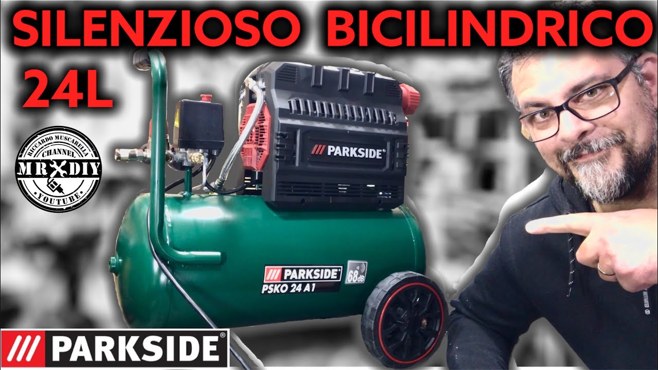 New silent 24L Parkside Lidl compressor (68 dB). PKSO 24 A1. Twin cylinder.  Without oil. - YouTube