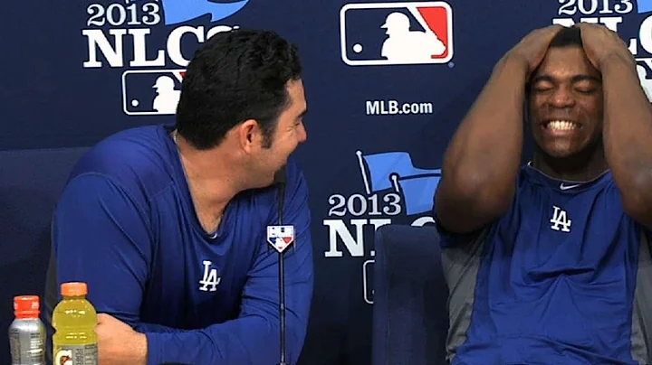 Adrian Gonzalez, Yasiel Puig have fun with media in two languages